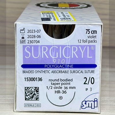 نخ بخیه جذبی ویکریل SMI (SMI VICRYL) سایز 2/0، سوزن راند 36 میلی‌متر، رنگ بنفش، 12 عددی